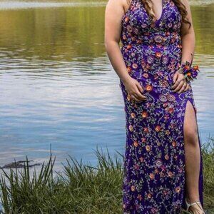 Size 14 Purple prom dress with orange flowers